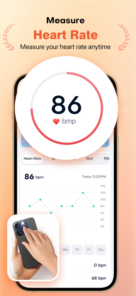 Mobile app interface displaying heart rate measurement and camera sensor tracking