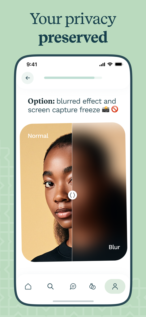 Interface de l'application de rencontres Mashallah démontrant la fonction de confidentialité de floutage des photos pour les célibataires musulmans