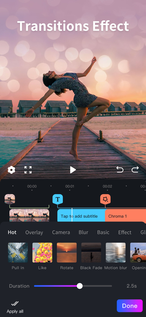Video Editor & Maker -Cup Cute - Una interfaz de edición de video móvil que muestra una variedad de efectos de transición como 'Pull in' y 'Motion blur' con un control deslizante de duración para un video del atardecer.