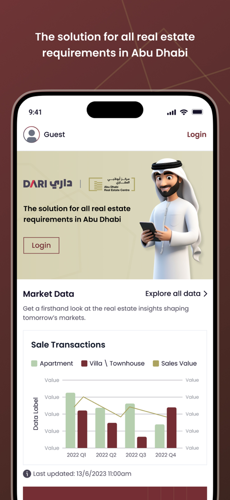 Dari - Dari app interface showing Abu Dhabi real estate market data and sales transaction trends