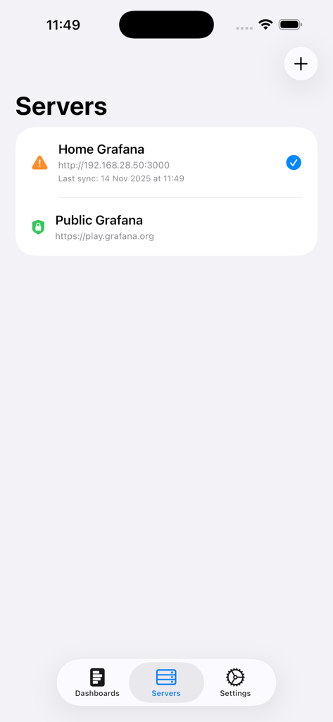 GrafanaUI - GrafanaUI mobile app screen showing a list of connected Grafana servers