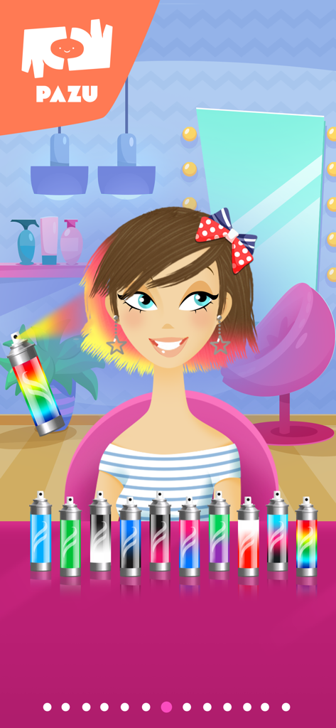 가상 살롱에서 스프레이 캔으로 무지개 색깔 머리 하이라이트를 하고 있는 소녀 캐릭터