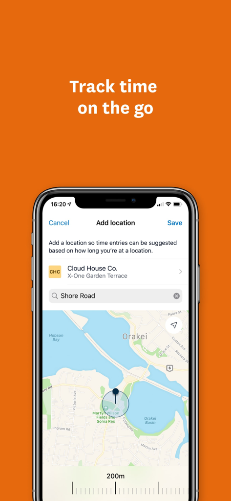 Xero Projects mobile app showing location based time tracking on a map