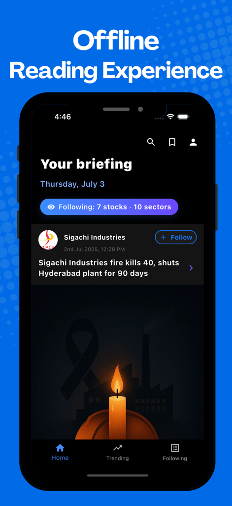 Skylark: Stock Market News - Skylark app interface showing the offline reading mode and a personalized stock news briefing in dark theme.