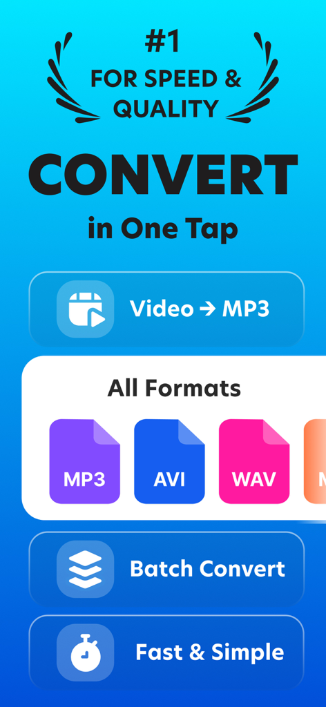 MP3 Audio File Batch Converter - MP3 Audio File Batch Converter app interface highlighting video to MP3 and batch conversion features