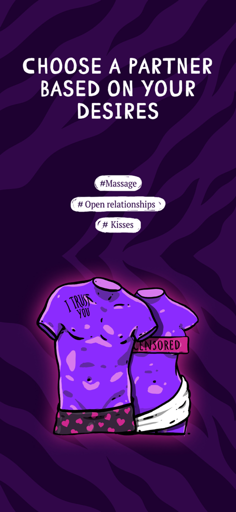 Promotional screen for Masked Love app with text Choose a partner based on your desires and interest hashtags
