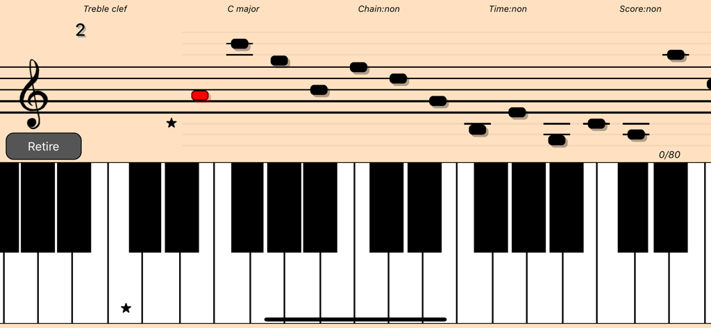 A piano keyboard and musical staff showing notes for sight reading practice in the treble clef