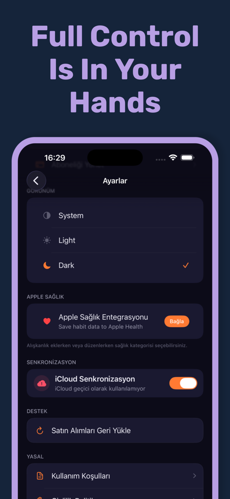 Streakly: Daily Habit Tracker - Streakly app settings screen showing appearance options and Apple Health integration in dark mode