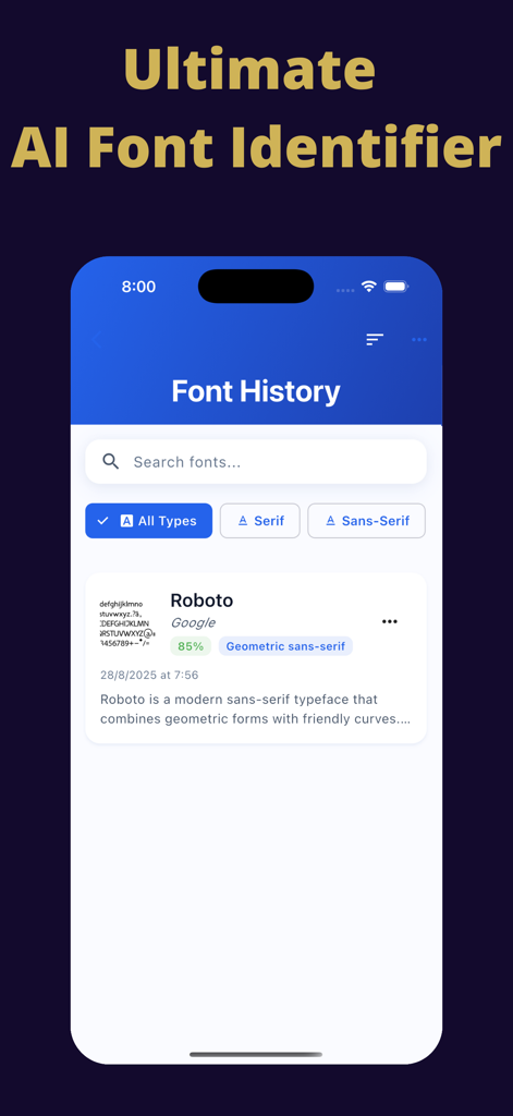 Font Identifier: AI Scan - Bildschirm für die Schriftarthistorie, der erkannte Schriftarten und Suchfilter anzeigt.