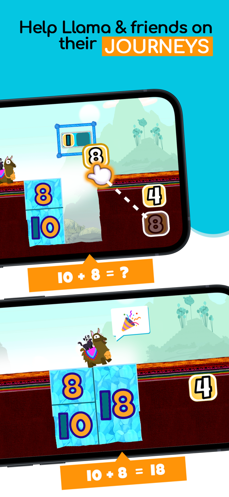 Math Makers: Kids School Games - Educational gameplay from Math Makers showing a llama character and an addition puzzle