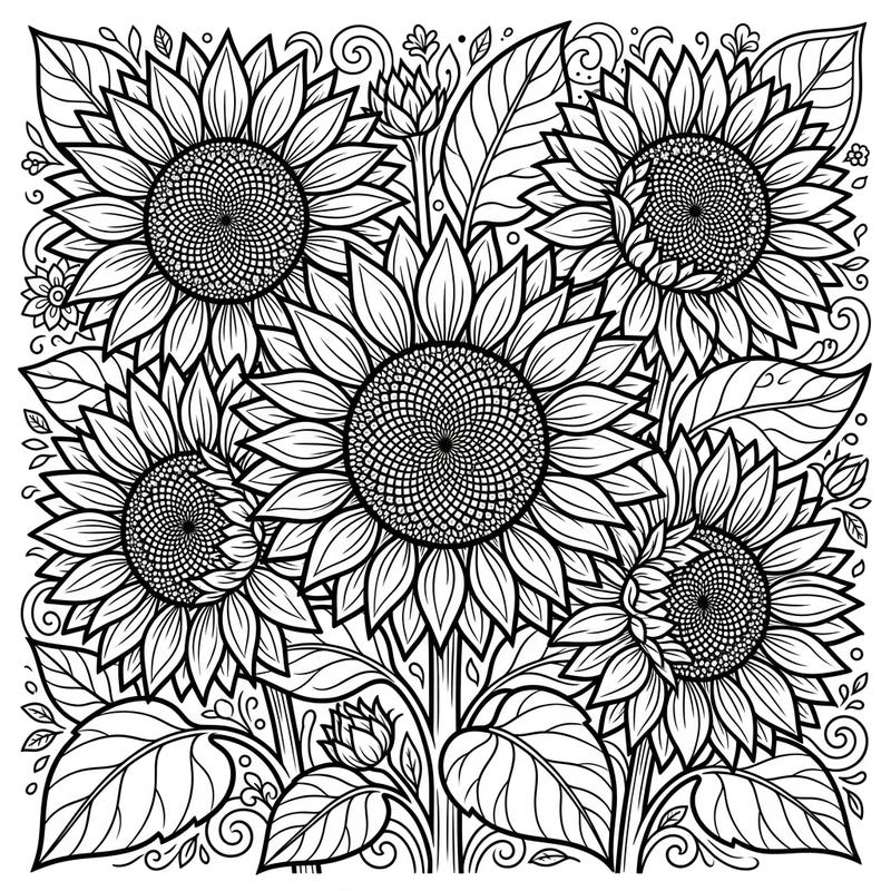 Immerse yourself in the beauty of nature with this intricate sunflower heads coloring page, specially designed for seniors. Enjoy the large print, clear outlines, and detailed patterns that offer both relaxation and cognitive engagement.