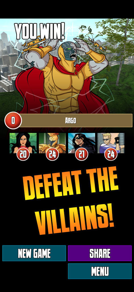 Pantalla de victoria de Centinelas de Tierra-Prime mostrando al villano Argo derrotado por un equipo de héroes.