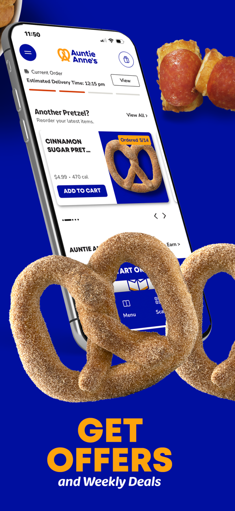 Auntie Annes Rewards app interface showing a cinnamon sugar pretzel and promotional text for weekly deals