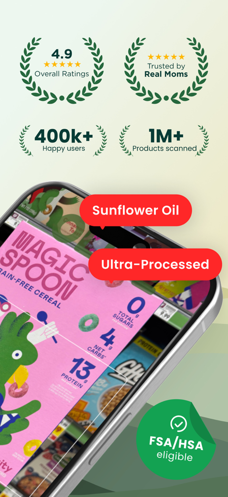 Olive - Holistic Food Scanner - Olive app interface showing 4.9 rating and scanning a cereal box to identify sunflower oil and ultra-processed ingredients