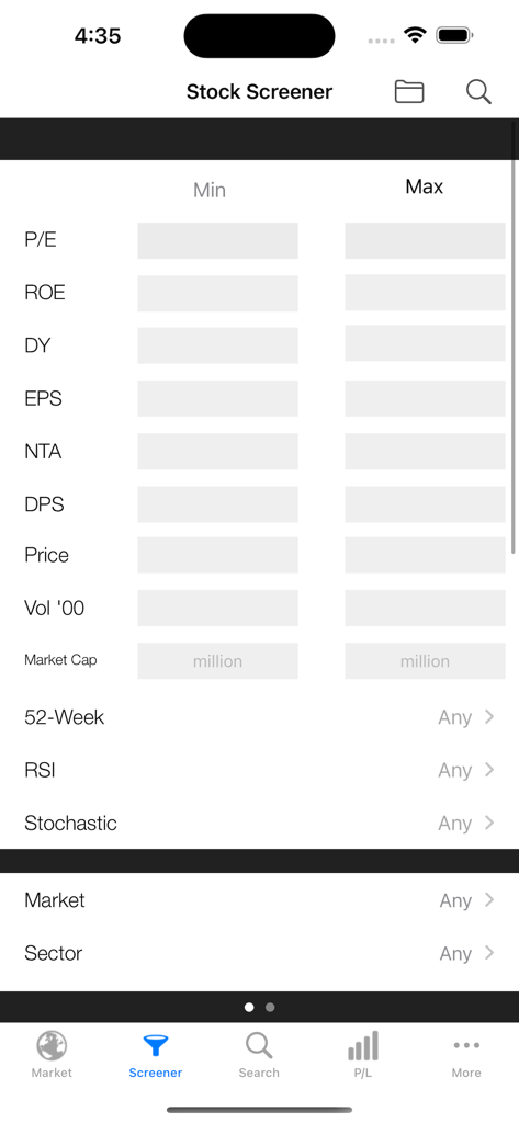 KLSE Screener - Stock screener interface of the KLSE Screener app featuring financial filters like PE ratio and ROE