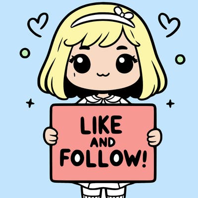 a girl holding a sign that says like and follow!