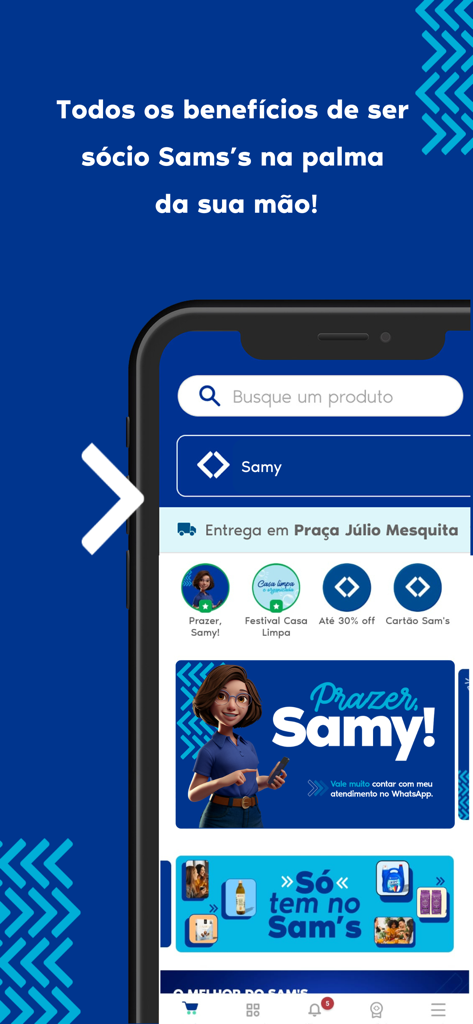 Schermata principale dell'app Sam's Club Brasil che mostra i vantaggi dell'iscrizione e la funzionalità di ricerca