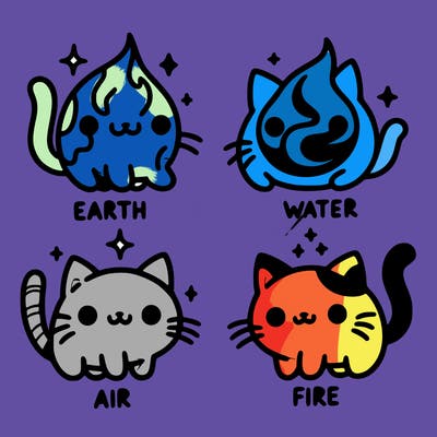 4 cats that represent the different elements, earth, water, air, and fire