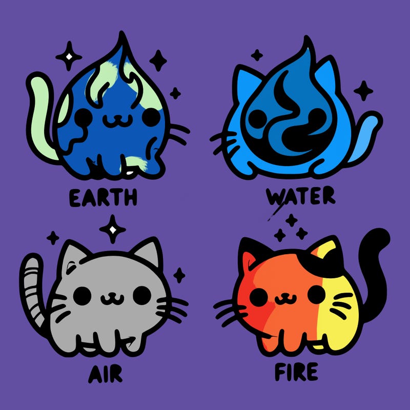 4 cats that represent the different elements, earth, water, air, and fire
