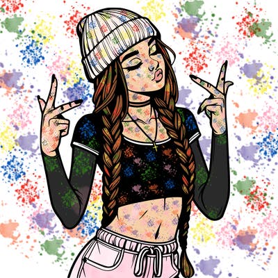 realistic teenage girl with braids and a beanie and crop top doing 🫶🏼