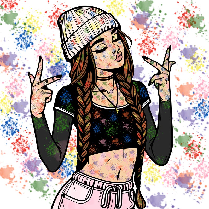 realistic teenage girl with braids and a beanie and crop top doing 🫶🏼