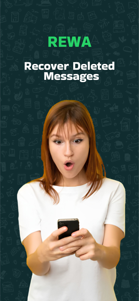 REWA: Backup Messages Pro - Una mujer sorprendida sosteniendo su smartphone usando la aplicación REWA para recuperar mensajes eliminados