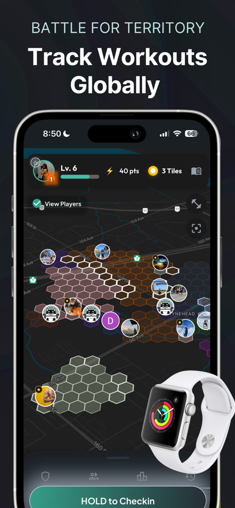 Checkin: Fitness Tracker Game - A smartphone showing the Checkin fitness app hexagonal map for territory tracking next to an Apple Watch.