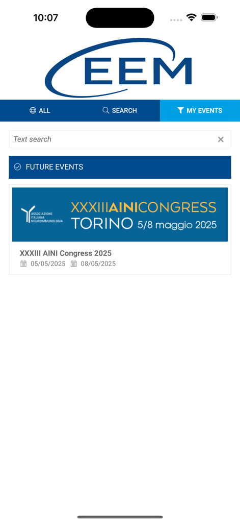 EEM Events - EEM Events mobile app interface showing a future event card for the AINI Congress 2025 in Torino.