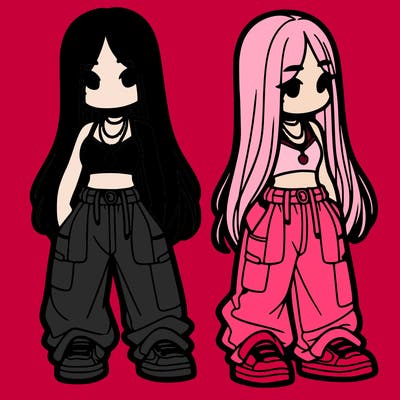 girl in baggy pants crop top and long hair