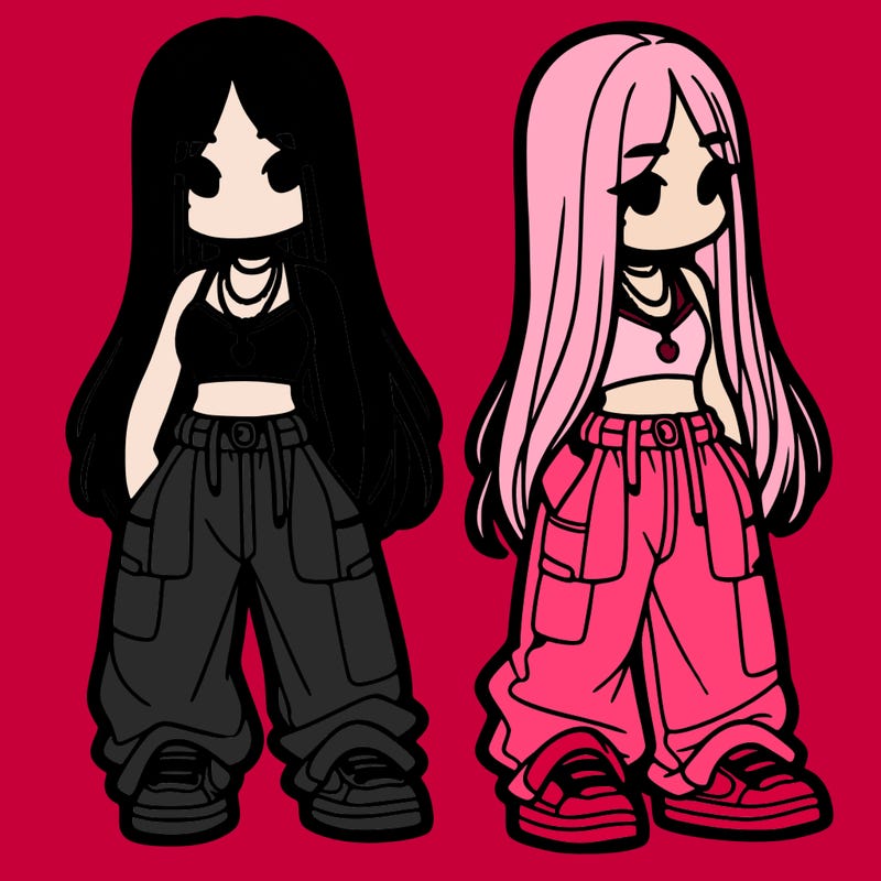 girl in baggy pants crop top and long hair