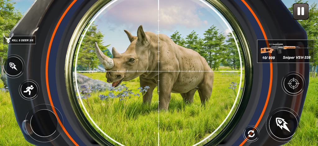 Wild Hunter Deer Hunting Games - Vista de francotirador del juego móvil Wild Hunter de un rinoceronte
