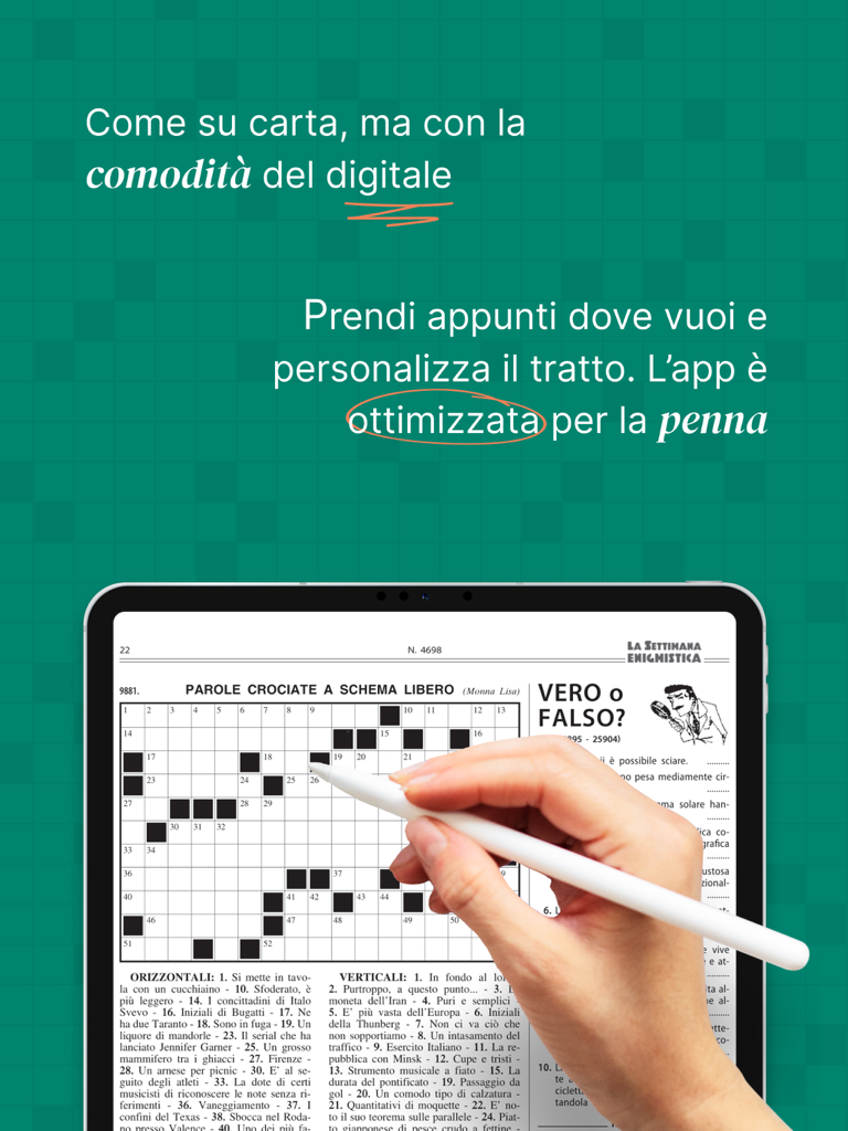 Una mano che usa una penna digitale per completare un cruciverba italiano su una schermata dell'iPad.