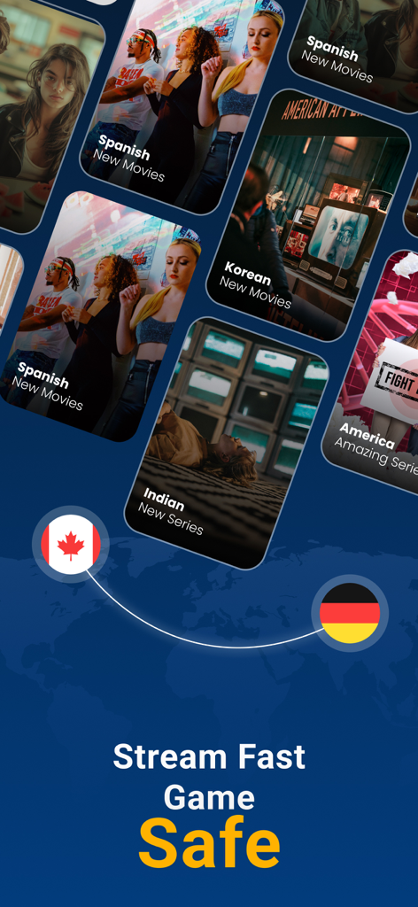 eEagle VPN - Fast & Secure - eEagle VPN app interface showing global movie content options and secure streaming features