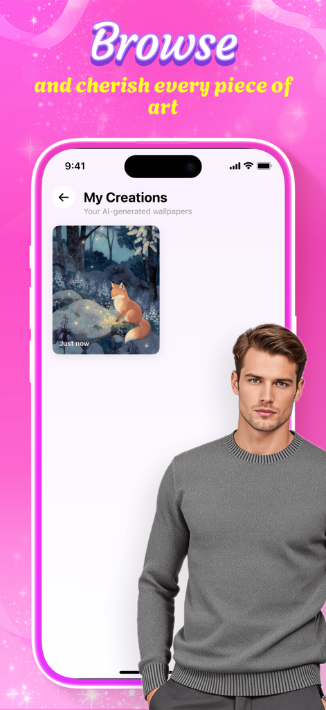 Interface do aplicativo Triveo mostrando a galeria Minhas Criações com um papel de parede de raposa gerado por IA personalizado.