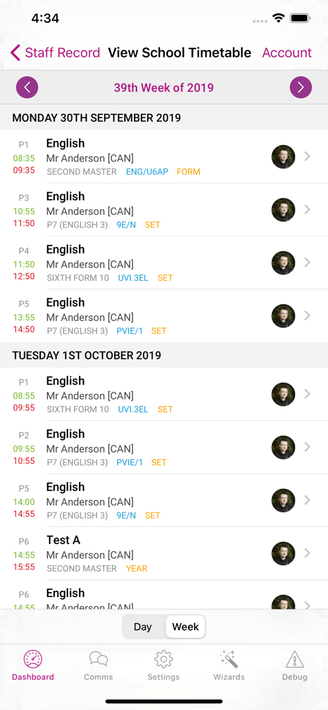iTeacher App - A mobile interface for the iTeacher App showing a teacher's weekly school timetable with class periods subjects and room locations