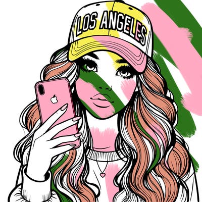 realistic beautiful girl wearing los ángeles cap holding an iphone