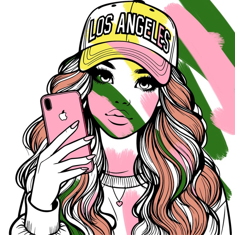 realistic beautiful girl wearing los ángeles cap holding an iphone