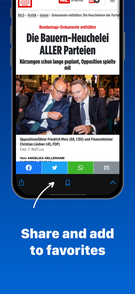 A mobile screen showing a German news article from BILD with options to share on social media and add to favorites.