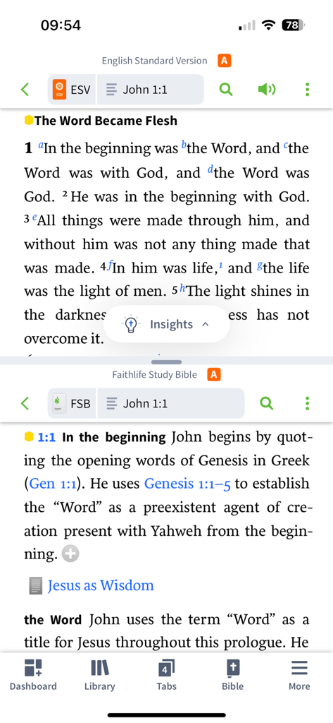 Interface de tela dividida do aplicativo Faithlife Study Bible exibindo texto das escrituras e notas de estudo acadêmicas