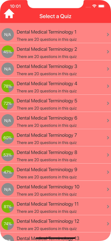 Dental Medical Terms Quiz - 歯科用語クイズのリスト。完了率と問題数が表示されています