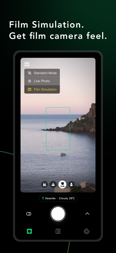 Smartphone interface of WeCamera app showing film simulation mode over a seaside landscape