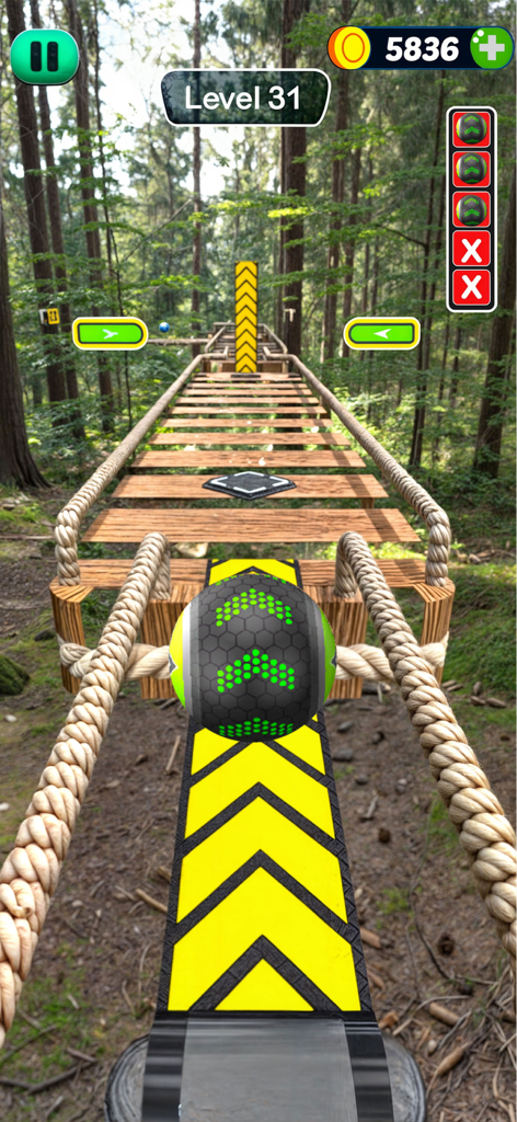 Going Balls - Rolling Sky Game - Una bola negra y verde rodando sobre un puente de madera a través de un denso bosque en Going Balls