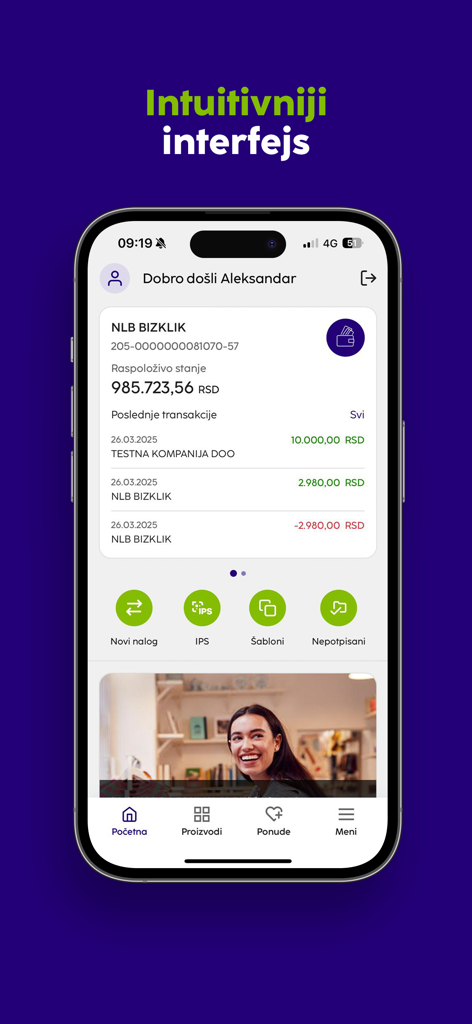 NLB mBizKlik セルビア モバイルバンキングアプリのダッシュボードで、口座残高と最近の取引が表示されています。