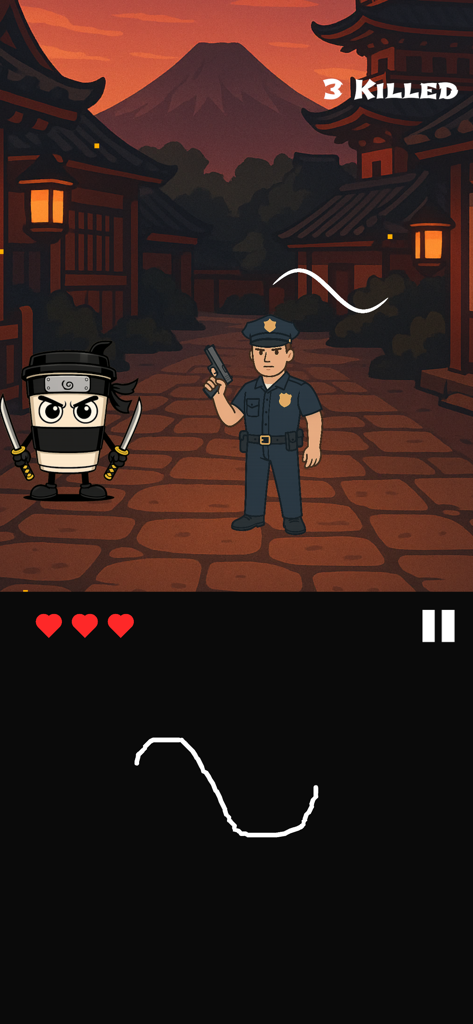 Cappuccino Assassino Game - Um personagem de xícara de café ninja usa desenho de gestos para derrotar um inimigo policial em um cenário com tema japonês.