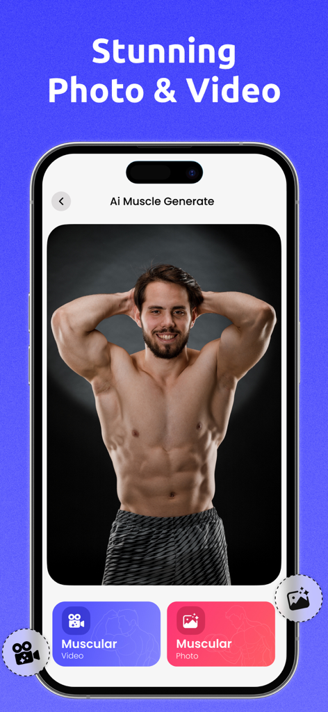 AI Body Builder : Muscle Photo - AI Body Builder app interface showing a muscular man and photo or video generation options