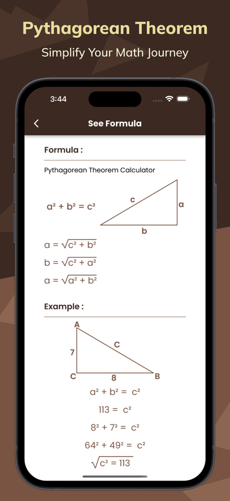 Pythagorean Theorem Calculate - Ein mobiler App-Bildschirm, der die Satz des Pythagoras Formel und ein Schritt-für-Schritt-Berechnungsbeispiel mit einer rechtwinkligen Dreiecks-Visualisierung anzeigt.