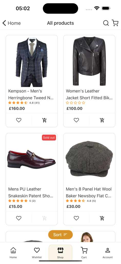 TruClothing.com - TruClothing mobile app interface showing a product grid with a men's tweed suit, women's leather jacket, and fashion accessories.