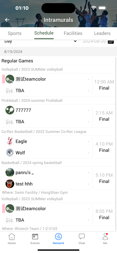 IMLeagues app screen showing a schedule of intramural sports games including volleyball, pickleball, and basketball.