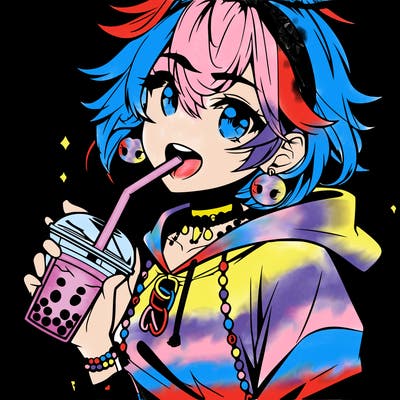hot baddie anime girl drinking boba and biting the straw