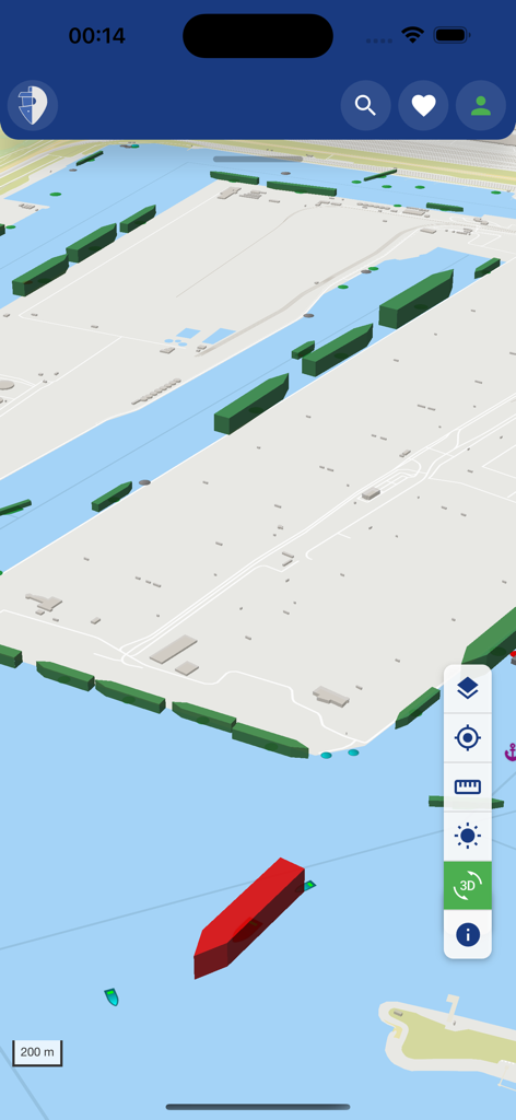 3D vessel tracking map interface showing ships in a port